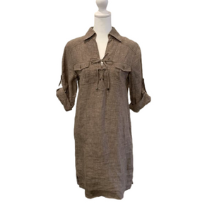Tommy Bahama Brown Linen Dress w/ tie front, spread collar, roll sleeve size XXS